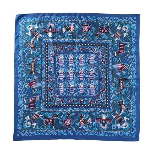 Vintage Jocelyne Mauge Blue & Magenta Scarf With Ethnic Print - Picture 3 of 8